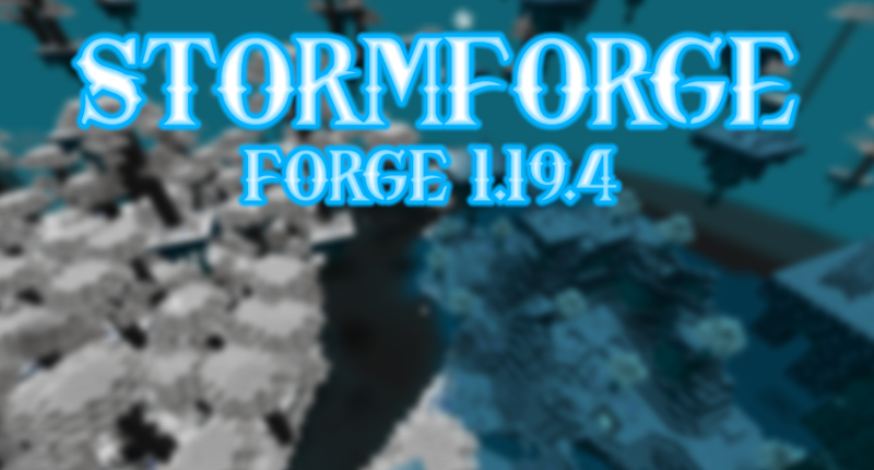 Image shows large blue world similar to the overworld with floating islands, next to a jungle with white grass and massive trees with white leaves.. There is also the title "STORMFORGE" and a subtitle "FORGE 1.19.4".