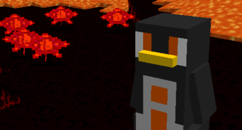 a fire penguin with fire biome and fire flowers