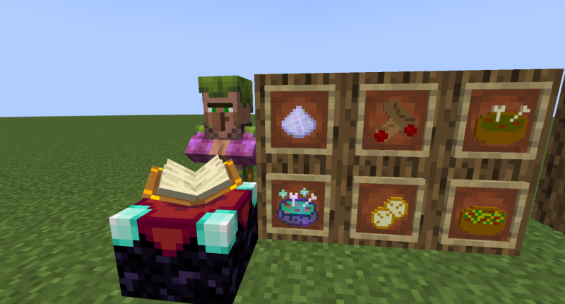 A Creepy Druid Villager with their workstation of an enchanting table beside a display of the six items added by the mod.