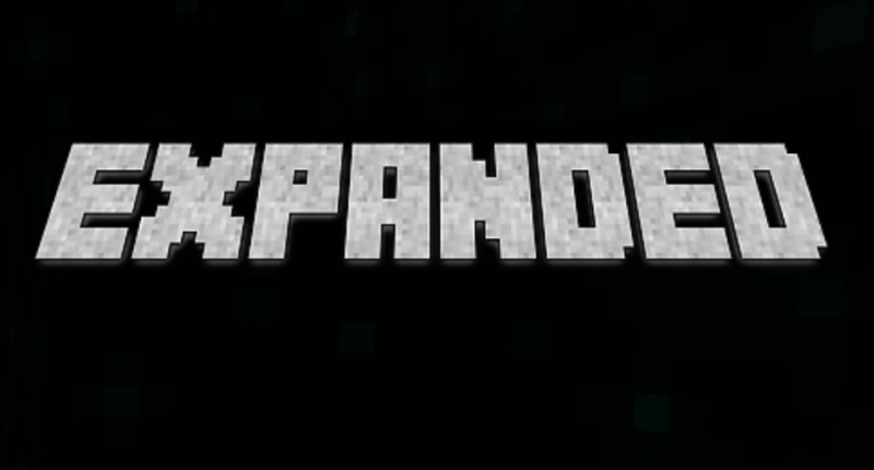 The word "expanded" in Minecraft format on a sculk background