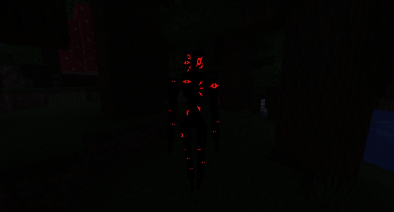The same shadowy entity, but standing in a dark oak forest.