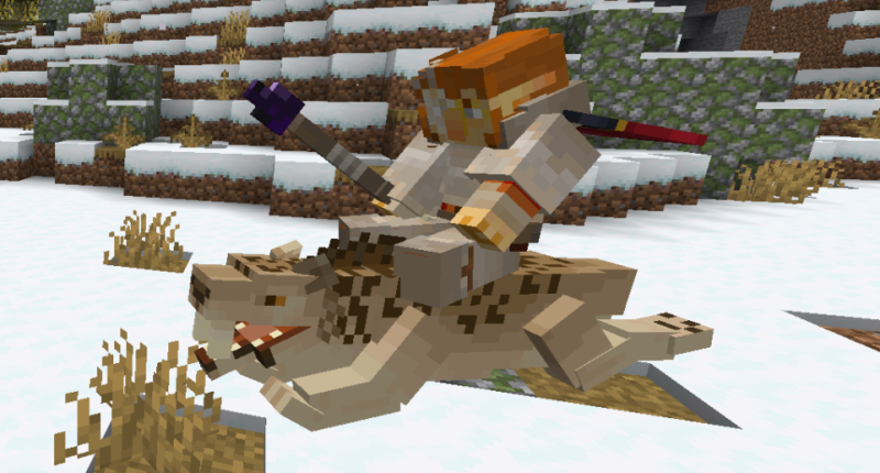 A player riding a smilodon while wearing pelt armor and weilding a spear.