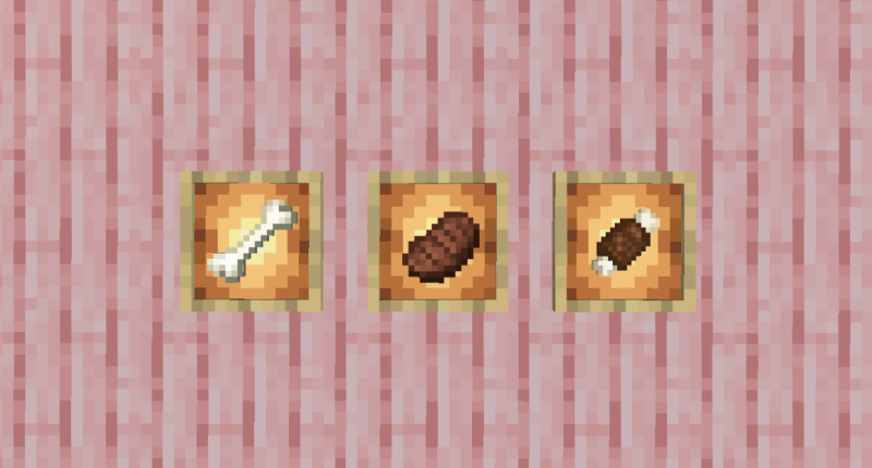 Three Glow Item Frames placed on a Cherry Plank wall. The Frames are in a row. The Frame on the left is holding a Bone. The Frame in the Middle is holding a Cooked Steak. The Frame on the Right is holding a item that looks like a cooked chunk of meat still on a bone.