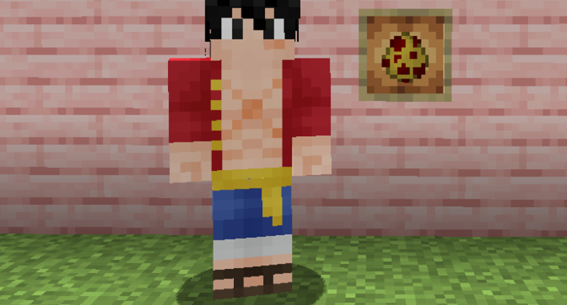 Picture of Luffy from One Piece portrayed as a blocky Minecraft person. Luffy is standing Infront of a wall of Cherry Wood Planks. On the wall of planks is a Glow Item Frame holding a Spawn Egg that is yellow with red spots.