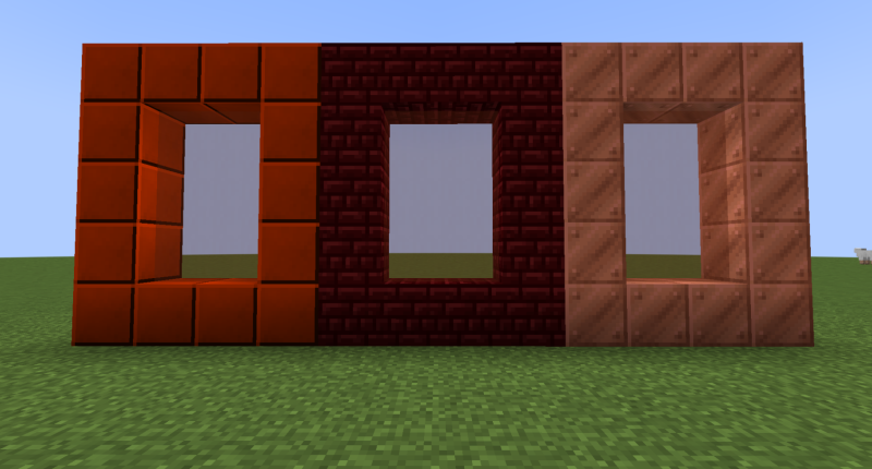 A portal to an unknown dimension (left), a portal to a Magma dimension (middle), a portal to a Creeper world (right)