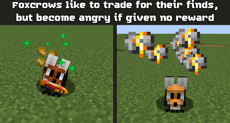 Two images side by side, contrasting a happy foxcrow which has been given food in exchange for its item, and an unhappy foxcrow which has received nothing. The caption reads "Foxcrows like to trade for their finds, but become angry if given no reward"
