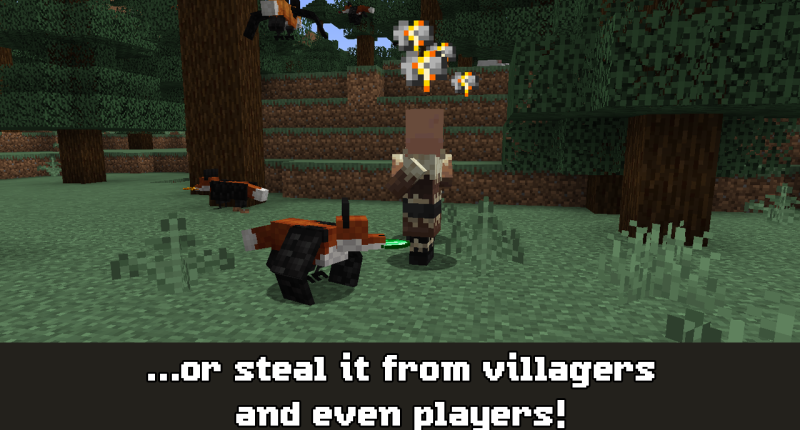 A foxcrow takes an emerald from the pocket of an angry taiga villager. The caption reads "...or steal it from villagers, and even players!"