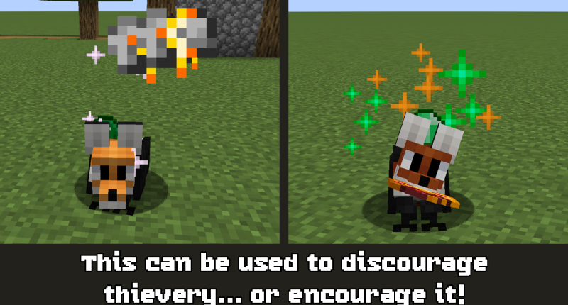 Two images side by side, showing an angry foxcrow which has been given nothing in exchange for stolen goods, and a happy foxcrow, which has received a treat. The caption reads "This can be used to discourage thievery... or encourage it!"
