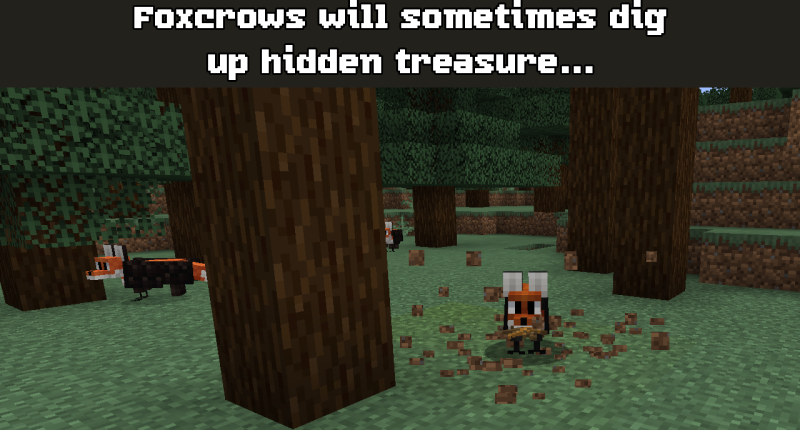 A foxcrow digging up treasure, surrounded by dirt particles. The caption reads "Foxcrows will sometimes dig up hidden treasure..."