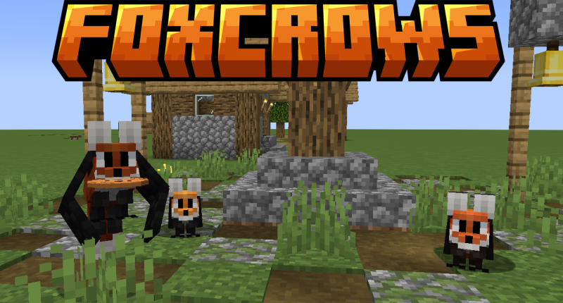 Three foxcrows, one of which is flying and holding a cookie, are in front of a village planter and in front of an orange Minecraft font logo reading Foxcrows.