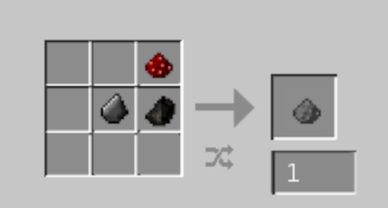 can craft 1, 2, 3, or 4 gunpowder using 1, 2, 3, or 4 coal and redstone with one flint, recipe is shapeless