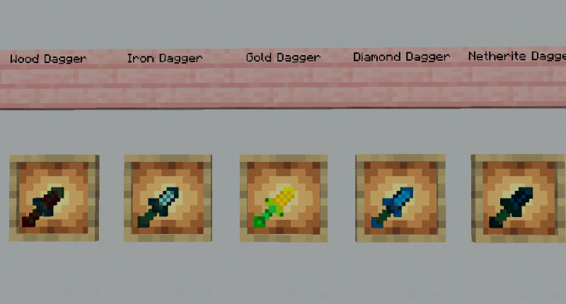 Show some diffrent daggers includeing wood dagger, iron dagger, gold dagger, diamond dagger, netherite dagger.