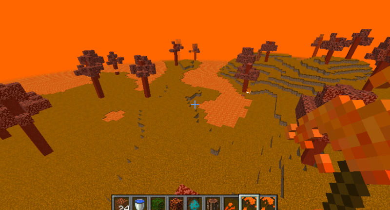 Sun dimension, orange grass, orange trees, lava rivers/oceans. Player is holding a orange scythe.