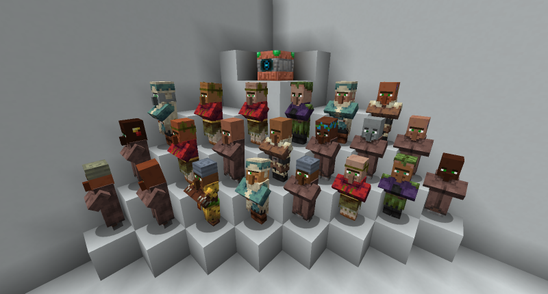 Custom villager skins, enabled by Optifine and Fresh Animations.