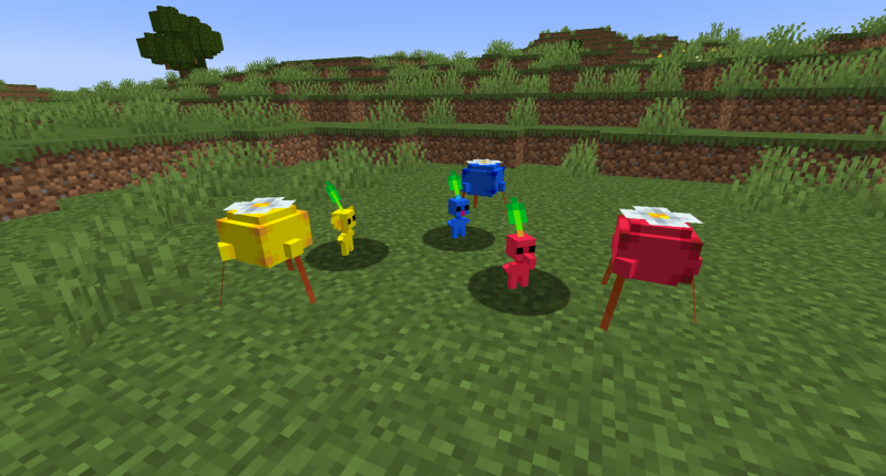 Red, yellow, and blue Pikmin standing next to their corresponding onions