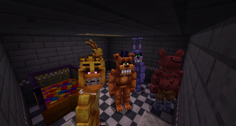 Screenshot of the animatronics and the ball pit inside a room made of the blocks from the mod!