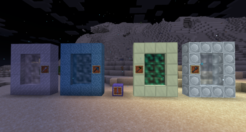 Four nether-type portal entrances and another dimension-teleporting block with each one's igniter