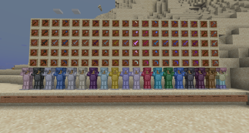 Various examples of tools and armor sets in the mod