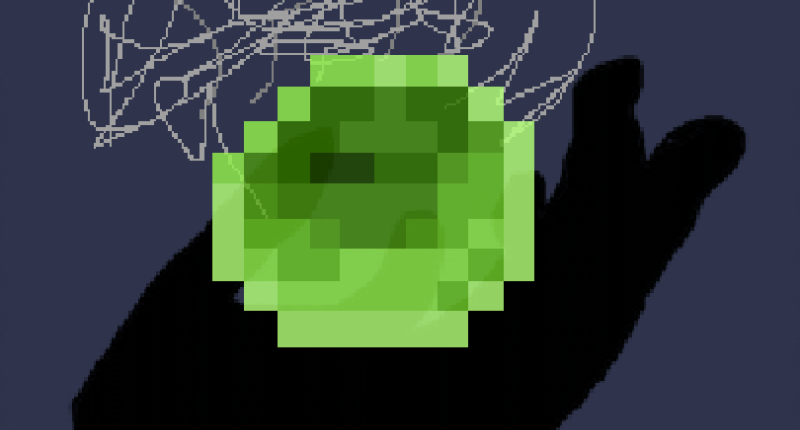 Hand holding a strange pixelated green gem with low quality scribbles surrounding it vaguely resembling smoke