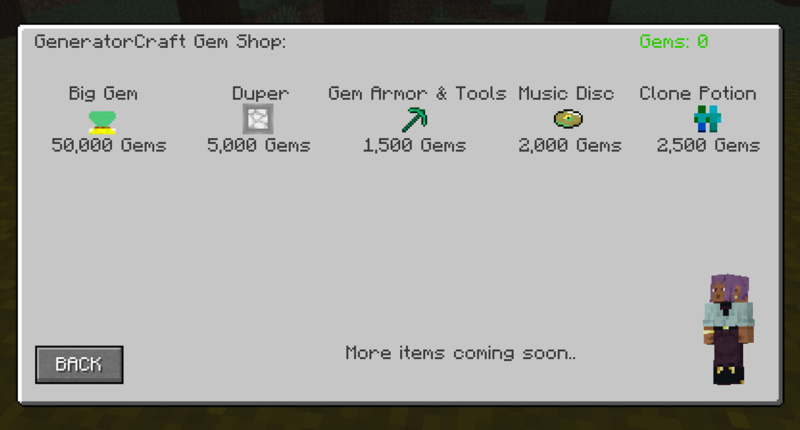 The GeneratorCraft Gem Store