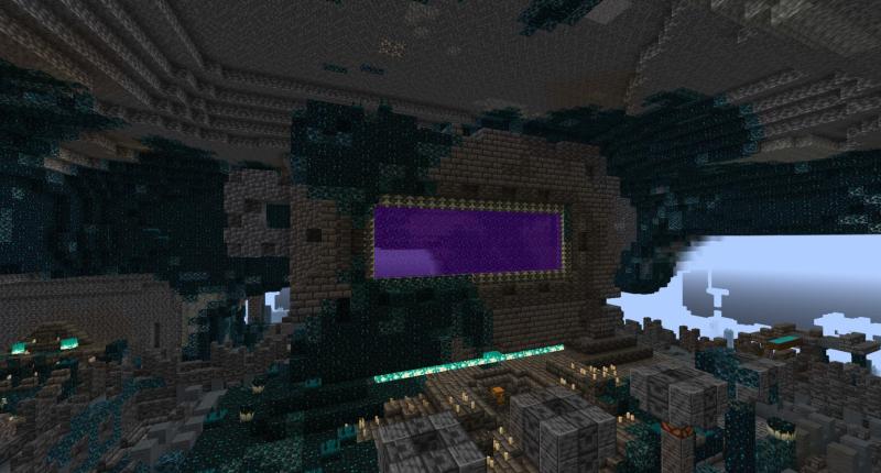 Nether portal in the Deep Dark Ancient City portal frame