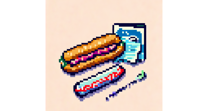  a hot dog with a postcard and a toothbrush