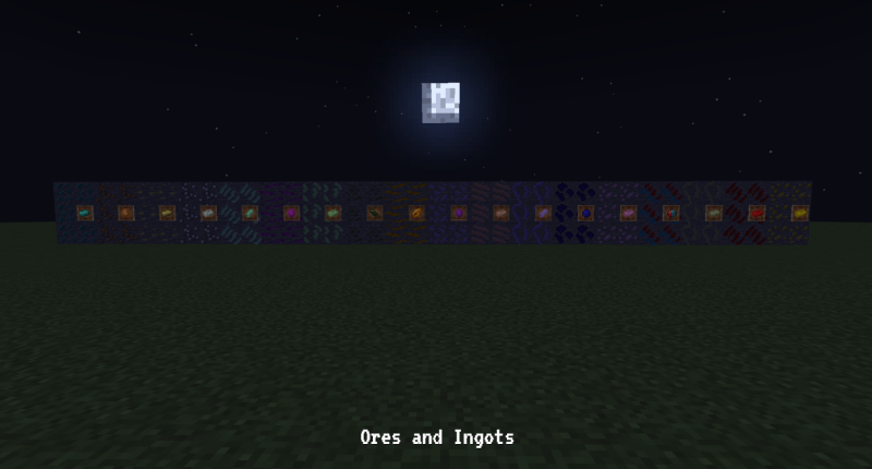 Ores.There is 18 different ores in mod.Beeswax,Uranium,Silver,Sodalite,Purple Titanium,Pyrite,Pollen,Bronze,Desh,Toxic Resin,Bauxite,Tin,Modrid,Peat,Yellow Copper,Dark Ichor,Ichor,Flame Spher,Argatium.