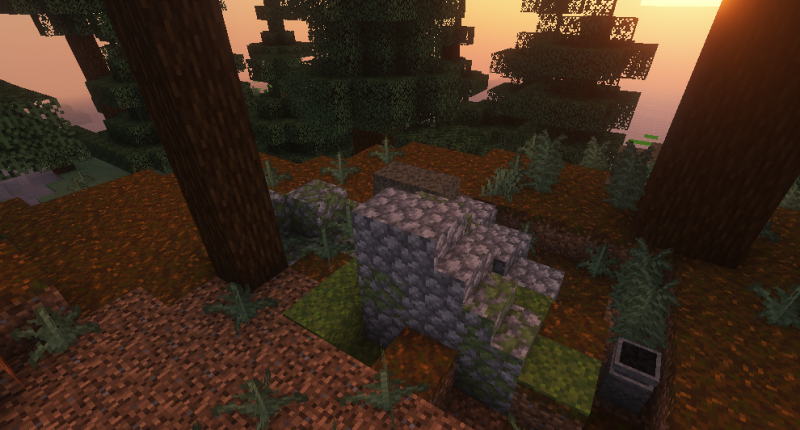 A ruin generated in a taiga forest biome.