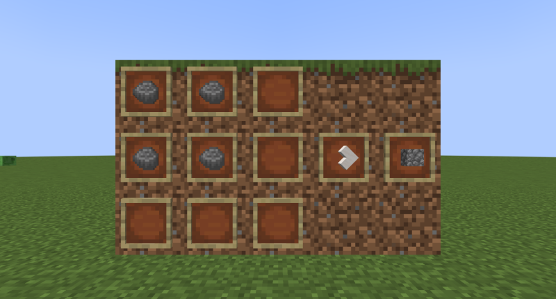 The crafting recipe for Cobblestone using Pebbles, which you can obtain from mining Dirt