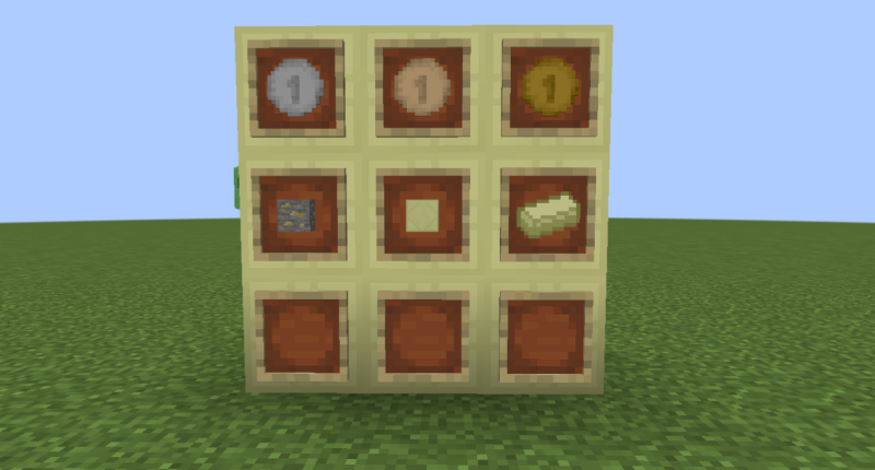 3 types of coins: iron, copper, gold. Pyrite: ore, block and ingot