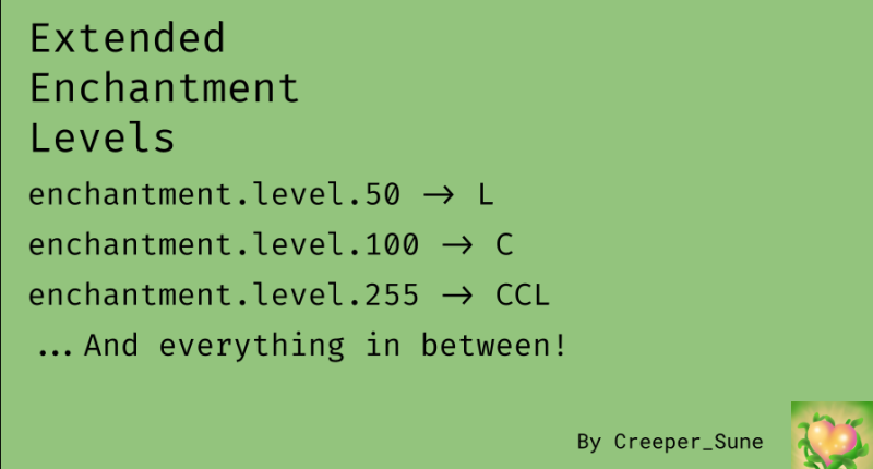 Extended Enchantment Levels \n enchantment.level.50 -> L \n enchantment.level.100 -> C \n enchantment.level.255 -> CCL \n ...And everything in between! \n By Creeper_Sune <img src="Life Fruit.png">