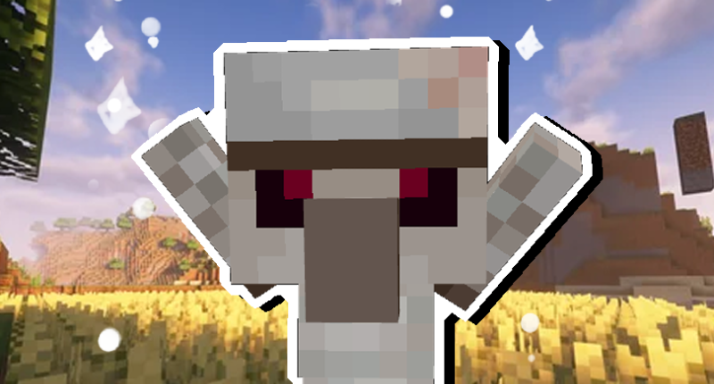 PNG image of a image of a baby iron golem with its arms happily out, editted in front of a wheat feild