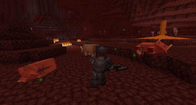 An in-game screenshot showing the netherite battleaxe's animation with the Better Combat mod