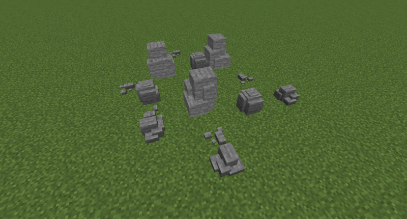 Rocks that spawn throughout the world to add a nice feel. They can be chisled down with a pickaxe.