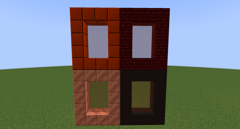 A portal to an unknown dimension (top left), a portal to the magma dimension (top right), a portal to the world of creepers (bottom left), a portal to the world of floating islands (bottom right).