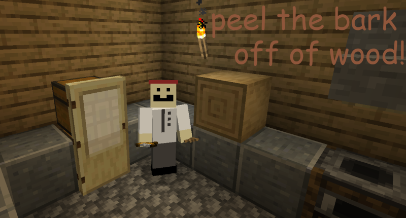 A chef with a peeler in his hand next to a stripped oak log with the text "peel the bark off of wood!"