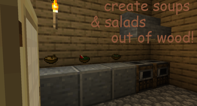 Stick soup, leaf salad, and sapling soup on a countertop with the text "create soups & salads out of wood!"