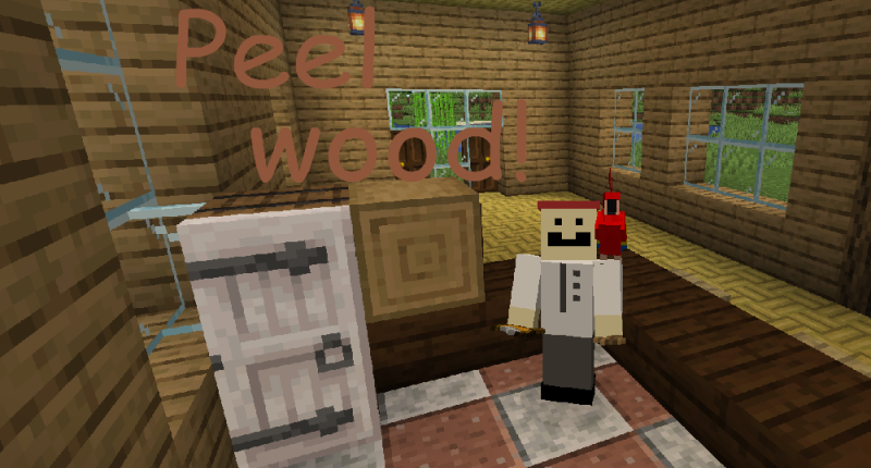 Mr. Chef, with an iron peeler in one hand and oak bark in the other.