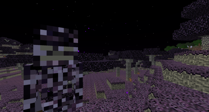 corrupted skeleton watching player in purple field