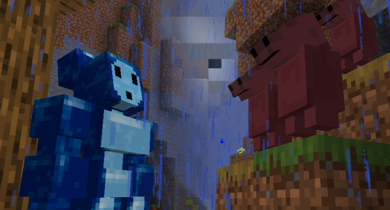 A bonnoid and a group of Guiners staring at each other in the rain.