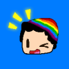 Pixel art of a blocky head winking wearing a rainbow beanie